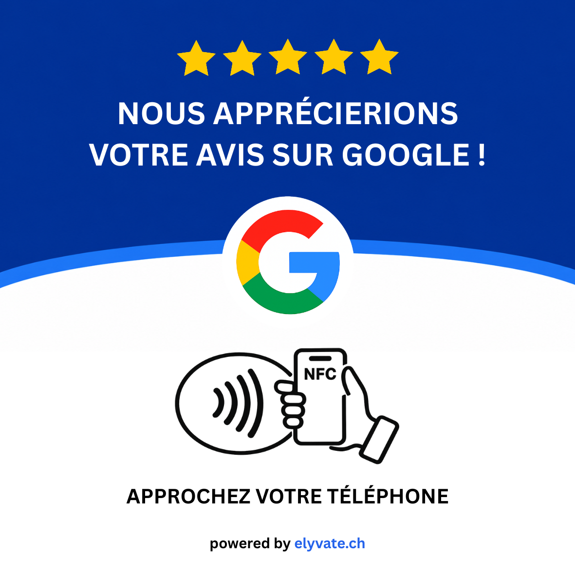 Plaque Tags Review bleue et blanche, avec une invitation à laisser un avis Google et le symbole NFC.